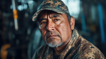 A strong man in a camouflage cap gazes intensely, reflecting a rugged life of hard work and determination against an industrial backdrop with machinery.
