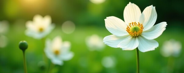 White flowers of Japanese anemone blooming in a garden in Moscow during summer,  Moscow,  outdoor