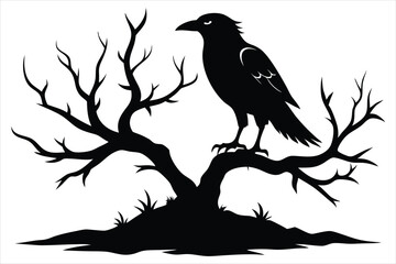 Raven bird silhouette on a dead tree branch