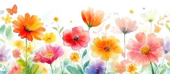 Obraz premium Watercolor floral meadow; vibrant blooms, white background; spring greeting card