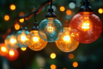 Colorful outdoor string lights illuminating a garden