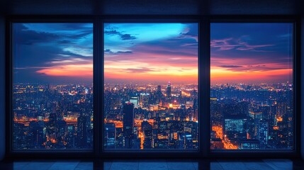 A View of a City Sunset Seen Through Tall Windows