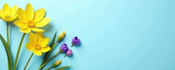 Yellow and purple flowers on pastel blue background, Spring concept,  Vibrant,  Fresh