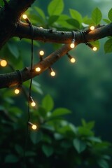 Warm white fairy lights hanging on tree branch with green foliage background,  tree branch,  fairy lights