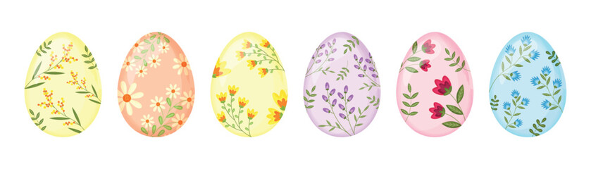 Set of Easter eggs with wattercolour texture isolated on white background. Happy Easter collection. Easter eggs with different floral patterns and colours. Flat design.  Vector illustration.