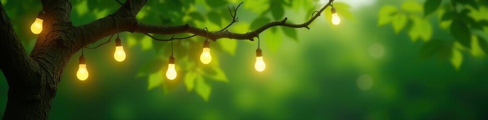 Warm white lights hanging from tree branch with green background,  cozy,  serene