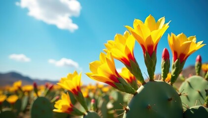 Yellow and red cactus flowers swaying in the wind on a sunny day, vibrant blooms,  desert,  swaying