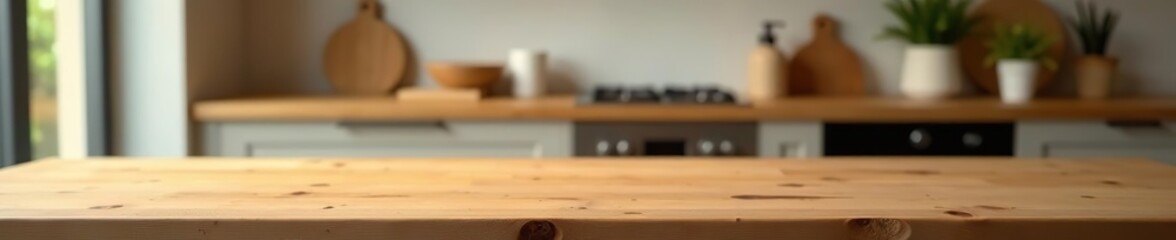 Warm wood table with blurred kitchen background for product display,  warm tone,  modern living