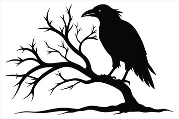 Raven bird silhouette on a dead tree branch