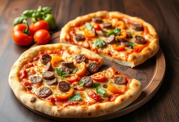 Two delicious sausage and pepper pizzas, ready to eat, party food, oregano
