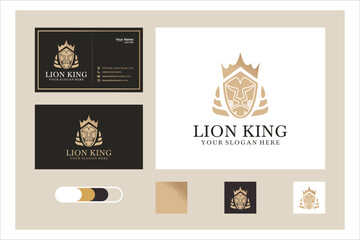 Lion King Logo Design: Gold Crown and Shield on Black and White Business Cards