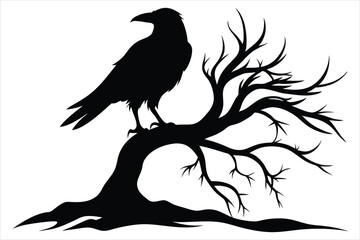 Raven bird silhouette on a dead tree branch