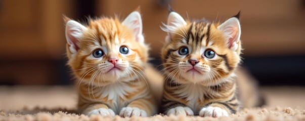 Fototapeta premium Two fluffy British kittens with wide eyes gazing up curiously, cute, isolated, kittens