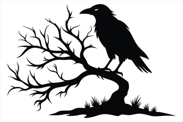 Raven bird silhouette on a dead tree branch