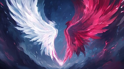 Celestial wings, opposing colors, night sky, fantasy art, game design