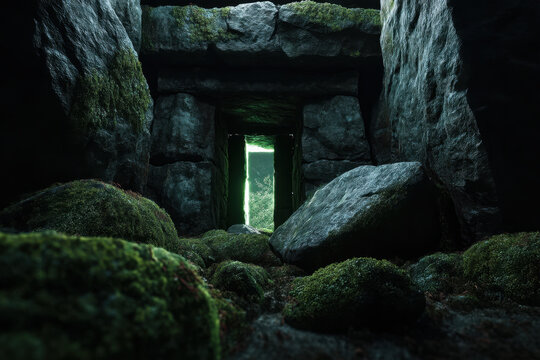 A dark and foreboding ancient stone bunker features a glowing entrance, surrounded by moss-covered stones and lush greenery inviting exploration