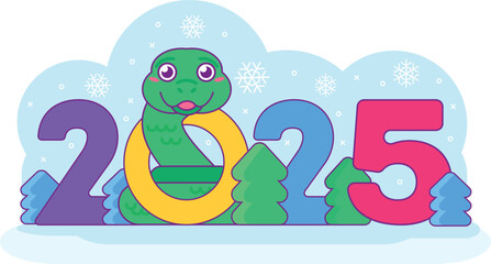 Friendly snake reptile hugs toy Christmas tree decorated with colorful balls. Symbol of 2025 Chinese calendar year. Cartoon vector illustration on blue snowy background