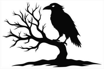 Raven bird silhouette on a dead tree branch