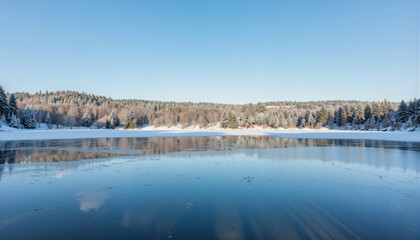 A serene winter landscape features a frozen lake blanketed in snow, reflecting the clear blue sky above, surrounded by trees dusted with frost