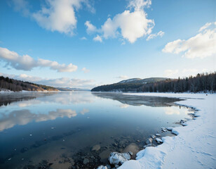 Fototapeta premium A serene winter landscape features a frozen lake under a bright blue sky dotted with fluffy clouds, reflecting the tranquil beauty of natures icy blanket