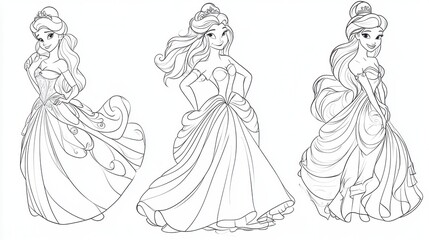 Fototapeta premium A charming line drawing of a princess character with a castle in the background, evoking a fairytale atmosphere.