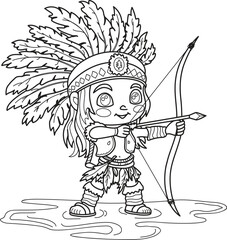 Native American Indian boy cartoon style, vector outline drawing