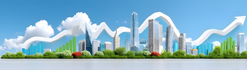 Fototapeta premium Dynamic trade wall illustrating flowing trade data in urban landscape business concept clear blue sky environment