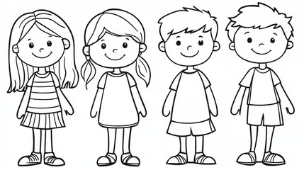 A charming line drawing of three children with smiling faces, showcasing their playful and cheerful nature.