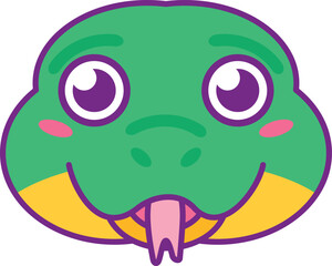 Green snake head with genuine face emotion and tongue hanging out. Symbol of 2025 Chinese calendar year. Cartoon vector illustration on blue snowy background