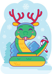 Friendly snake reptile hugs toy Christmas tree decorated with colorful balls. Symbol of 2025 Chinese calendar year. Cartoon vector illustration on blue snowy background