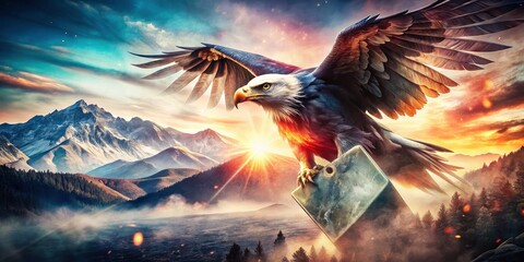 Naklejka premium Double Exposure: Patriotism, Military Dog Tag, American Eagle, Photography, Artistic Image, Symbolic Photo