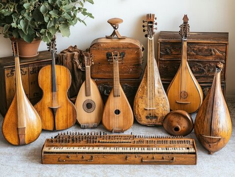 Antique stringed instruments displayed