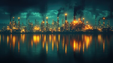 Fototapeta premium Nightfall over the Industrial Cityscape: A Reflection of Industry's Glow