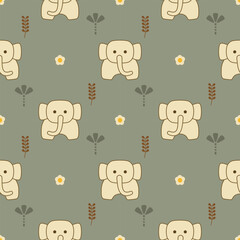 Elephant cartoon so cute. On tree flower green background. Pattern seamless vector illustration. 