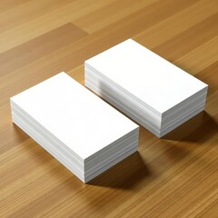 Fototapeta premium Two stacks of blank white business cards on wooden table, mockup, white, stack