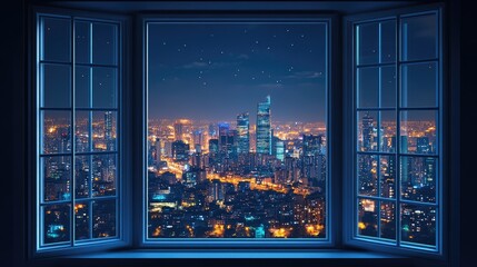 A beautiful nighttime cityscape seen through a large open window