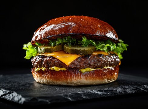 juicy cheeseburger with lettuce and pickles on slate plate, black background, international hamburger day - Powered by Adobe
