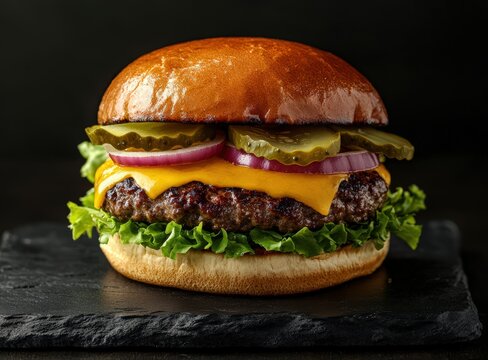 juicy cheeseburger with lettuce and pickles on slate plate, black background, international hamburger day