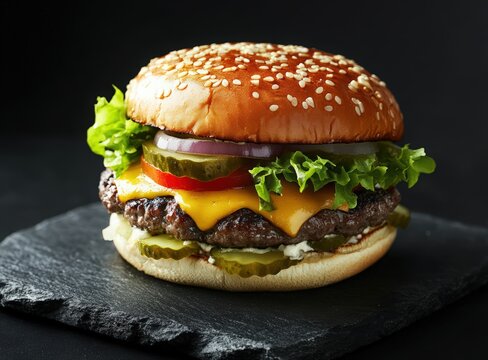 juicy cheeseburger with lettuce and pickles on slate plate, black background, international hamburger day