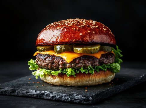juicy cheeseburger with lettuce and pickles on slate plate, black background, international hamburger day