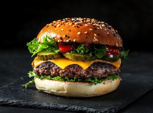 juicy cheeseburger with lettuce and pickles on slate plate, black background, international hamburger day