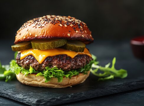 juicy cheeseburger with lettuce and pickles on slate plate, black background, international hamburger day