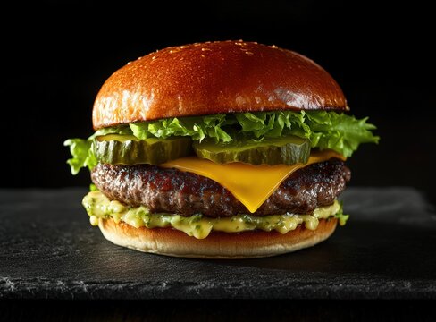 juicy cheeseburger with lettuce and pickles on slate plate, black background, international hamburger day