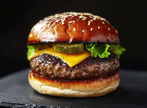 juicy cheeseburger with lettuce and pickles on slate plate, black background, international hamburger day