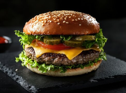 juicy cheeseburger with lettuce and pickles on slate plate, black background, international hamburger day