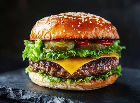 juicy cheeseburger with lettuce and pickles on slate plate, black background, international hamburger day