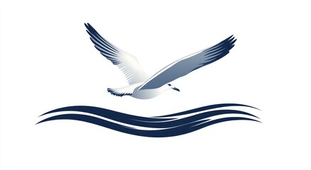 Obraz premium Seagull soaring over ocean waves; nautical design, website icon