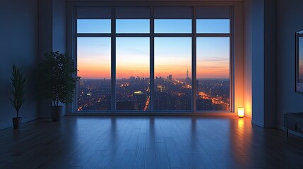 Fototapeta premium An interior room overlooking a city at sunset or sunrise