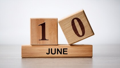 Minimalist photo of wooden blocks with date 10 June. Day and month, calendar on white background