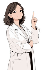 日本のアニメタッチの人差し指を立てる白衣の女性